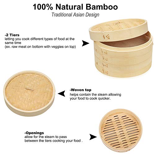10 Inch Handmade Bamboo Steamer, 2 Tiers & Lid, Premium Bamboo Steam