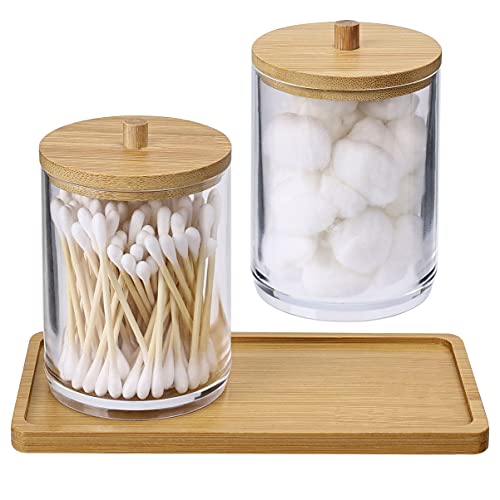 2Pack Acrylic Qtip Holder Dispenser and 1 Bamboo Tray, 10oz Bathroom