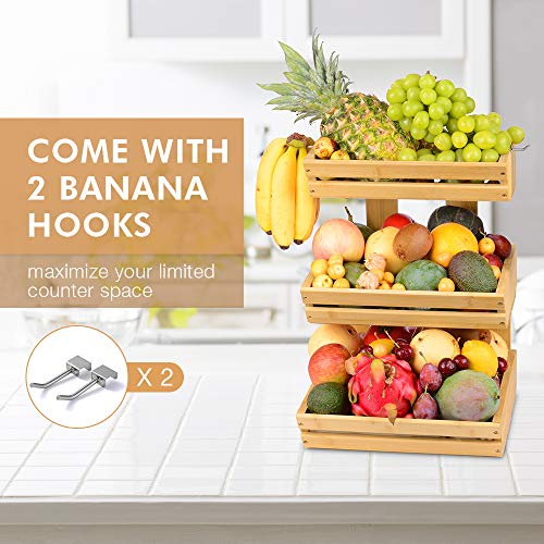 3 Tier Bamboo Fruit Basket Bowl Holder, Vegetable Bread Storage Stand with 2 Banana Hooks for Kitchen, Home, Office… 2 3 Tier Bamboo Fruit Basket Bowl Holder, Vegetable Bread Storage Stand with 2 Banana Hooks for Kitchen, Home, Office… - Image 2