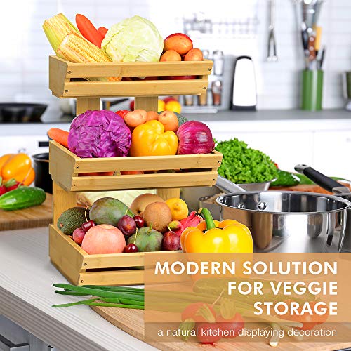 3 Tier Bamboo Fruit Basket Bowl Holder, Vegetable Bread Storage Stand with 2 Banana Hooks for Kitchen, Home, Office… 3 3 Tier Bamboo Fruit Basket Bowl Holder, Vegetable Bread Storage Stand with 2 Banana Hooks for Kitchen, Home, Office… - Image 3