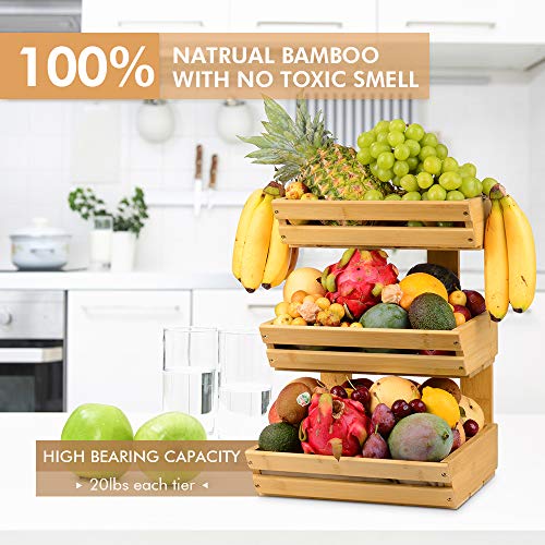 3 Tier Bamboo Fruit Basket Bowl Holder, Vegetable Bread Storage Stand with 2 Banana Hooks for Kitchen, Home, Office… 4 3 Tier Bamboo Fruit Basket Bowl Holder, Vegetable Bread Storage Stand with 2 Banana Hooks for Kitchen, Home, Office… - Image 4