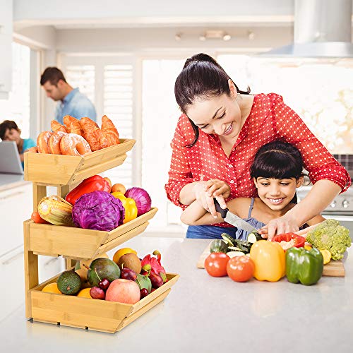 3 Tier Bamboo Fruit Basket Bowl Holder, Vegetable Bread Storage Stand with 2 Banana Hooks for Kitchen, Home, Office… 5 3 Tier Bamboo Fruit Basket Bowl Holder, Vegetable Bread Storage Stand with 2 Banana Hooks for Kitchen, Home, Office… - Image 5