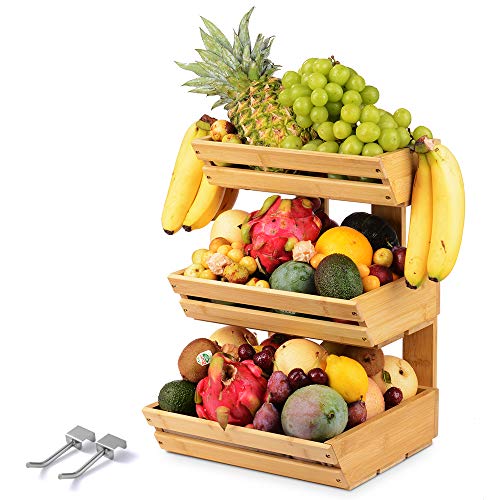 3 Tier Bamboo Fruit Basket Bowl Holder, Vegetable Bread Storage Stand with 2 Banana Hooks for Kitchen, Home, Office… 1 3 Tier Bamboo Fruit Basket Bowl Holder, Vegetable Bread Storage Stand with 2 Banana Hooks for Kitchen, Home, Office…