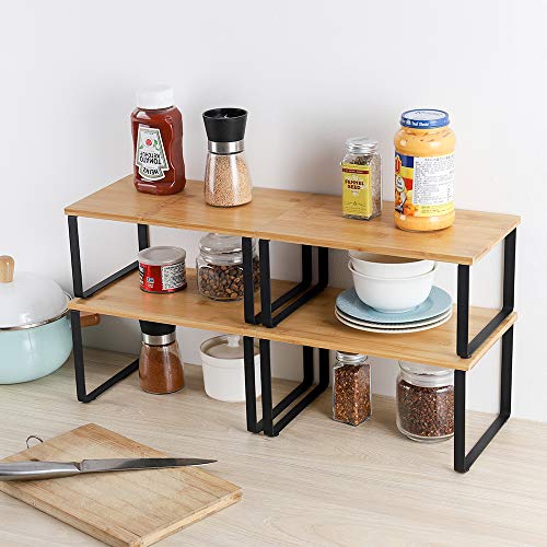 Nandae 4-Pack Bamboo Kitchen Shelf Organizer for Cabinet, Expandable & Stackable Counter Cupboard Organiser, Storage Rack for Bathroom, Kitchen, Laundry Room Black 4 Nandae 4-Pack Bamboo Kitchen Shelf Organizer for Cabinet, Expandable & Stackable Counter Cupboard Organiser, Storage Rack for Bathroom, Kitchen, Laundry Room Black - Image 4