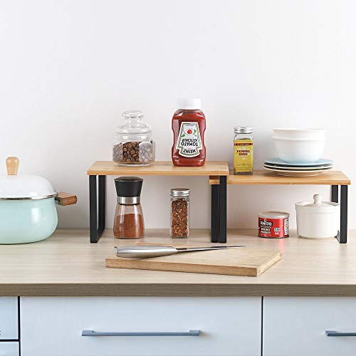 Nandae 4-Pack Bamboo Kitchen Shelf Organizer for Cabinet, Expandable & Stackable Counter Cupboard Organiser, Storage Rack for Bathroom, Kitchen, Laundry Room Black 5 Nandae 4-Pack Bamboo Kitchen Shelf Organizer for Cabinet, Expandable & Stackable Counter Cupboard Organiser, Storage Rack for Bathroom, Kitchen, Laundry Room Black - Image 5
