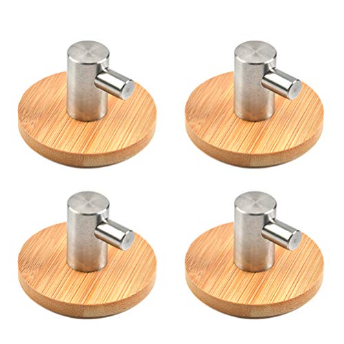4Pcs Adhesive Hooks Wood Towel Holder, Stainless Steel and Bamboo Towel