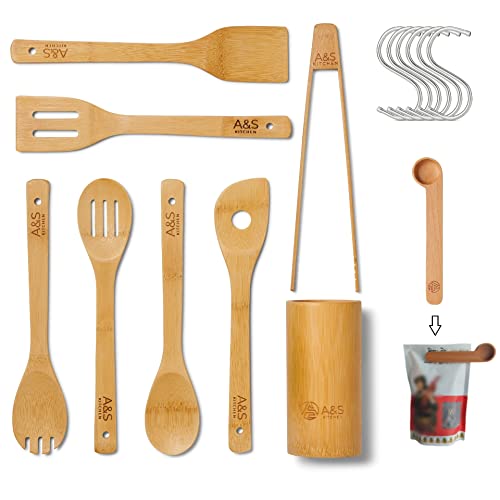 A&S Kitchen Utensils Set. 16pc Organic Bamboo Utensils, Hooks, Spice Spoon and Holder! Non Stick Kitchen Utensil Set… 2 A&S Kitchen Utensils Set. 16pc Organic Bamboo Utensils, Hooks, Spice Spoon and Holder! Non Stick Kitchen Utensil Set… - Image 2
