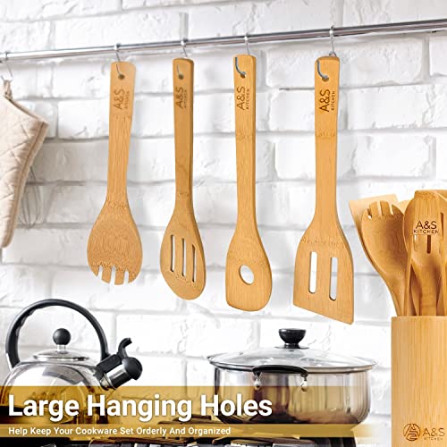 A&S Kitchen Utensils Set. 16pc Organic Bamboo Utensils, Hooks, Spice Spoon and Holder! Non Stick Kitchen Utensil Set… 4 A&S Kitchen Utensils Set. 16pc Organic Bamboo Utensils, Hooks, Spice Spoon and Holder! Non Stick Kitchen Utensil Set… - Image 4