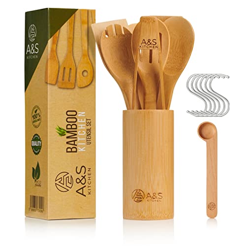 A&S Kitchen Utensils Set. 16pc Organic Bamboo Utensils, Hooks, Spice Spoon and Holder! Non Stick Kitchen Utensil Set… 1 A&S Kitchen Utensils Set. 16pc Organic Bamboo Utensils, Hooks, Spice Spoon and Holder! Non Stick Kitchen Utensil Set…