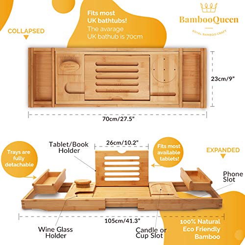 BAMBOO QUEEN Bath Tray - Bathtub Caddy with iPad Stand and Wine Glass Holder - Extendable Wooden Rack - Designed for UK… 3 BAMBOO QUEEN Bath Tray - Bathtub Caddy with iPad Stand and Wine Glass Holder - Extendable Wooden Rack - Designed for UK… - Image 3
