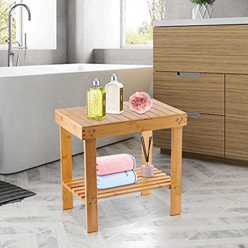 VaeFae Bamboo Bathroom Stools with Non-Slip Feets Storage Shelf for
