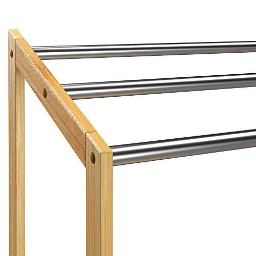 CASARIA® 3 Tier Freestanding Bamboo Towel Rack with Stainless Steel Rails and Storage Shelf | 85x51x31cm | Bathroom Towel Bar Stand & Clothes Drying Airer | Modern Sturdy Organiser | No Drilling 4 CASARIA® 3 Tier Freestanding Bamboo Towel Rack with Stainless Steel Rails and Storage Shelf | 85x51x31cm | Bathroom Towel Bar Stand & Clothes Drying Airer | Modern Sturdy Organiser | No Drilling - Image 4