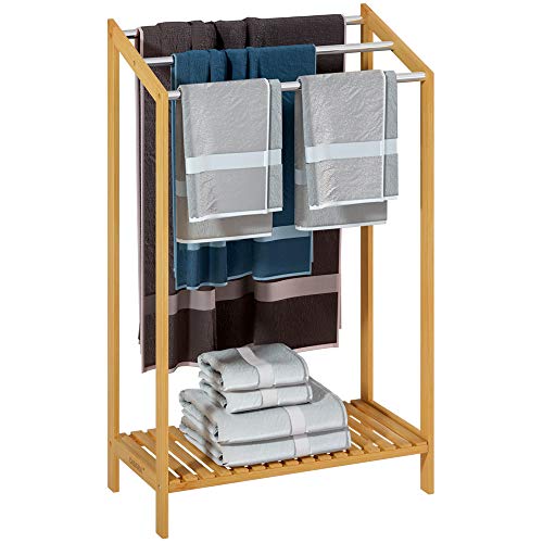 CASARIA® 3 Tier Freestanding Bamboo Towel Rack with Stainless Steel Rails and Storage Shelf | 85x51x31cm | Bathroom Towel Bar Stand & Clothes Drying Airer | Modern Sturdy Organiser | No Drilling 1 CASARIA® 3 Tier Freestanding Bamboo Towel Rack with Stainless Steel Rails and Storage Shelf | 85x51x31cm | Bathroom Towel Bar Stand & Clothes Drying Airer | Modern Sturdy Organiser | No Drilling
