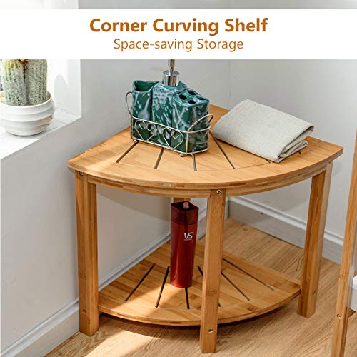 COSTWAY Bamboo Shower Stool, 2-Tier Bathroom Bench Corner Storage Shelf, Fan-Shaped Bath Spa Seat Display Rack Organiser 2 COSTWAY Bamboo Shower Stool, 2-Tier Bathroom Bench Corner Storage Shelf, Fan-Shaped Bath Spa Seat Display Rack Organiser - Image 2