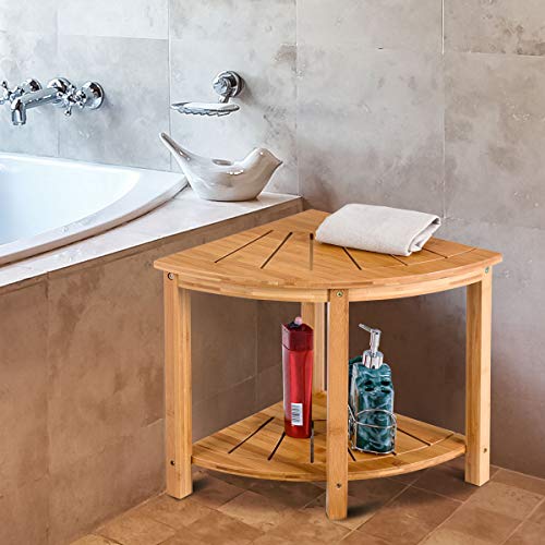 COSTWAY Bamboo Shower Stool, 2-Tier Bathroom Bench Corner Storage Shelf, Fan-Shaped Bath Spa Seat Display Rack Organiser 4 COSTWAY Bamboo Shower Stool, 2-Tier Bathroom Bench Corner Storage Shelf, Fan-Shaped Bath Spa Seat Display Rack Organiser - Image 4