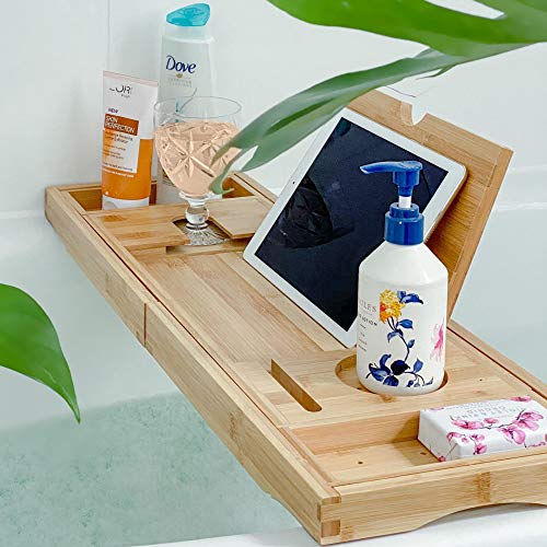 Deep Calm Bath Caddy – Foldable, Extendable Bath Tray Holds Book, iPad, Tablet, Phone, Wine Glass, Candle - Adjustable Bathtub Table – Luxury, Natural Bamboo Bath Shelf (Natural) 1 Deep Calm Bath Caddy – Foldable, Extendable Bath Tray Holds Book, iPad, Tablet, Phone, Wine Glass, Candle - Adjustable Bathtub Table – Luxury, Natural Bamboo Bath Shelf (Natural)