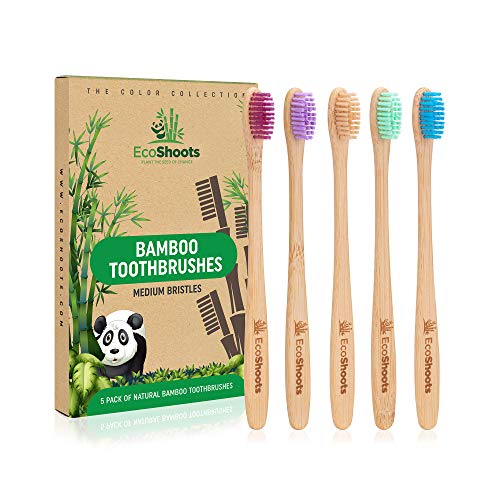 EcoShoots Adults Bamboo Toothbrushes with Medium Bristles | Family Pack of 5 Natural Bamboo Toothbrush | Eco-Friendly Natural Wooden Toothbrush | Organic Biodegradable Handle | BPA Free Tooth Brushes 1 EcoShoots Adults Bamboo Toothbrushes with Medium Bristles | Family Pack of 5 Natural Bamboo Toothbrush | Eco-Friendly Natural Wooden Toothbrush | Organic Biodegradable Handle | BPA Free Tooth Brushes