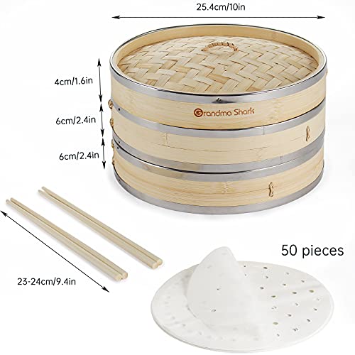 GRANDMA SHARK 10 Inch 2 Tier Bamboo Steamer, 2 Pairs Chopsticks and 50 Sheets Steamer Pads, Used for Steaming Dumplings… 2 GRANDMA SHARK 10 Inch 2 Tier Bamboo Steamer, 2 Pairs Chopsticks and 50 Sheets Steamer Pads, Used for Steaming Dumplings… - Image 2