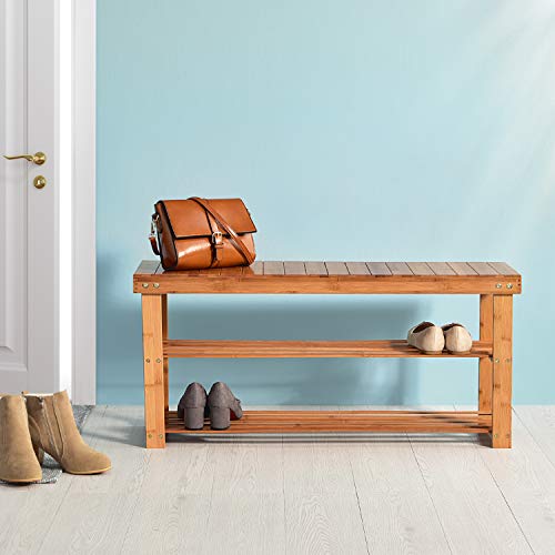 Hododou Shoe Rack 2 Tier Shoe Storage Bench Wooden Shoe Rack with Seat for Hallway Entryway Living Room Bedroom, 90 x 27 x 42cm, Natural Bamboo, Max Load Capacity up to 100KG 2 Hododou Shoe Rack 2 Tier Shoe Storage Bench Wooden Shoe Rack with Seat for Hallway Entryway Living Room Bedroom, 90 x 27 x 42cm, Natural Bamboo, Max Load Capacity up to 100KG - Image 2