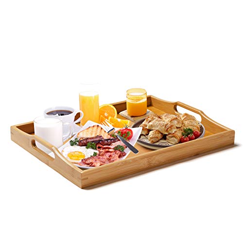Large Wooden Trays for Serving, Bamboo Serving Tray with handles for Eating Food, Dinner, Used in Bedroom, Living Room, Kitchen, Bathroom, Hospital 1 Large Wooden Trays for Serving, Bamboo Serving Tray with handles for Eating Food, Dinner, Used in Bedroom, Living Room, Kitchen, Bathroom, Hospital