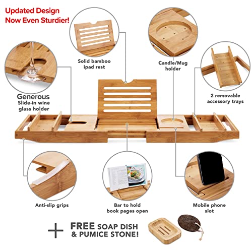 Bamboo Over Bath Bridge Tub Caddy Tray – Wood Bathtub Rack Bath Shelf with Soap Dish and Pumice Stone 2 Bamboo Over Bath Bridge Tub Caddy Tray – Wood Bathtub Rack Bath Shelf with Soap Dish and Pumice Stone - Image 2