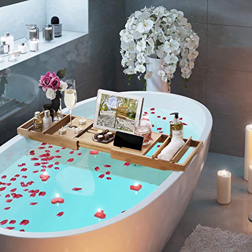 Bamboo Over Bath Bridge Tub Caddy Tray – Wood Bathtub Rack Bath Shelf with Soap Dish and Pumice Stone 4 Bamboo Over Bath Bridge Tub Caddy Tray – Wood Bathtub Rack Bath Shelf with Soap Dish and Pumice Stone - Image 4