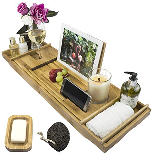 Bamboo Over Bath Bridge Tub Caddy Tray – Wood Bathtub Rack Bath Shelf with Soap Dish and Pumice Stone 1 Bamboo Over Bath Bridge Tub Caddy Tray – Wood Bathtub Rack Bath Shelf with Soap Dish and Pumice Stone