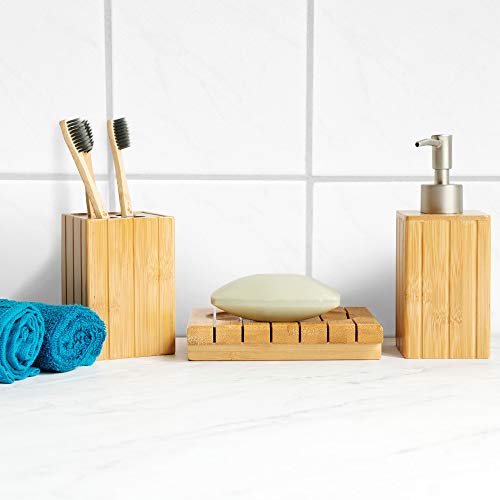 Navaris Bamboo Bathroom Accessories Set - 3-Piece Bath Set with Toothbrush Holder, Soap Dispenser, Organiser Tray - Natural Wood 2 Navaris Bamboo Bathroom Accessories Set - 3-Piece Bath Set with Toothbrush Holder, Soap Dispenser, Organiser Tray - Natural Wood - Image 2
