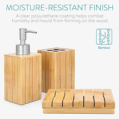 Navaris Bamboo Bathroom Accessories Set - 3-Piece Bath Set with Toothbrush Holder, Soap Dispenser, Organiser Tray - Natural Wood 3 Navaris Bamboo Bathroom Accessories Set - 3-Piece Bath Set with Toothbrush Holder, Soap Dispenser, Organiser Tray - Natural Wood - Image 3