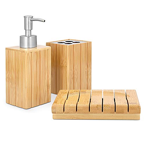Navaris Bamboo Bathroom Accessories Set - 3-Piece Bath Set with Toothbrush Holder, Soap Dispenser, Organiser Tray - Natural Wood 1 Navaris Bamboo Bathroom Accessories Set - 3-Piece Bath Set with Toothbrush Holder, Soap Dispenser, Organiser Tray - Natural Wood
