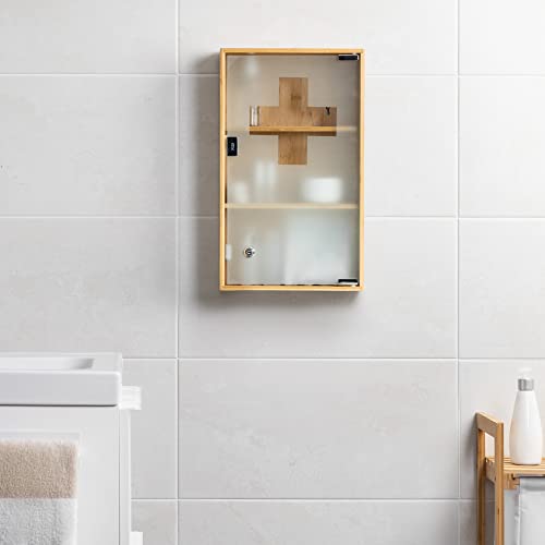 Navaris Medicine Cabinet - Lockable Bamboo Cabinet with First Aid Cross, Tempered Glass and Magnet Closing - Wall… 2 Navaris Medicine Cabinet - Lockable Bamboo Cabinet with First Aid Cross, Tempered Glass and Magnet Closing - Wall… - Image 2