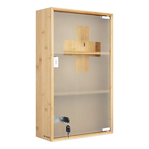 Navaris Medicine Cabinet - Lockable Bamboo Cabinet with First Aid Cross, Tempered Glass and Magnet Closing - Wall… 1 Navaris Medicine Cabinet - Lockable Bamboo Cabinet with First Aid Cross, Tempered Glass and Magnet Closing - Wall…