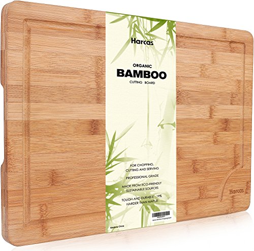 Premium Organic Bamboo Wooden Chopping Board by Harcas. Extra Large Size Cutting Board 45cm x 30cm x 2cm. Best for Meat, Vegetables, Tapas and Cheese. Professional Grade for Durability. Drip Groove 1 Premium Organic Bamboo Wooden Chopping Board by Harcas. Extra Large Size Cutting Board 45cm x 30cm x 2cm. Best for Meat, Vegetables, Tapas and Cheese. Professional Grade for Durability. Drip Groove