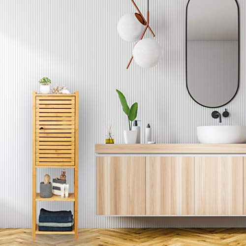 Relaxdays Bamboo Bathroom Cabinet, 5 Shelves, 1 Cupboard with Door, Kitchen Storage Unit, HWD: 113 x 35 x 29 cm, Natural 2 Relaxdays Bamboo Bathroom Cabinet, 5 Shelves, 1 Cupboard with Door, Kitchen Storage Unit, HWD: 113 x 35 x 29 cm, Natural - Image 2