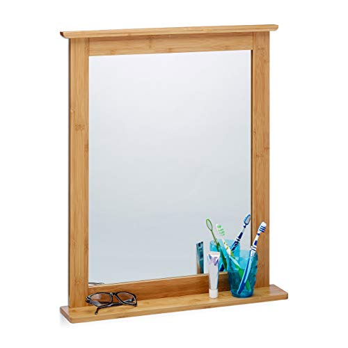 Relaxdays Bamboo Wall-Mounted Mirror, Bathroom Mirror with Shelf, Hanging Vanity Mirror, for the Living Room and Bathroom, Natural Brown 1 Relaxdays Bamboo Wall-Mounted Mirror, Bathroom Mirror with Shelf, Hanging Vanity Mirror, for the Living Room and Bathroom, Natural Brown