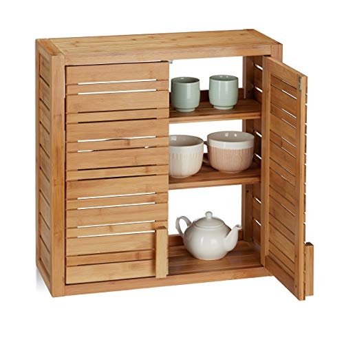 Relaxdays Bamboo Wall Shelf, 2 Doors, Adjustable Liner Base, Square Hanging Wall, HWD 56.5x56x21cm, Natural 2 Relaxdays Bamboo Wall Shelf, 2 Doors, Adjustable Liner Base, Square Hanging Wall, HWD 56.5x56x21cm, Natural - Image 2