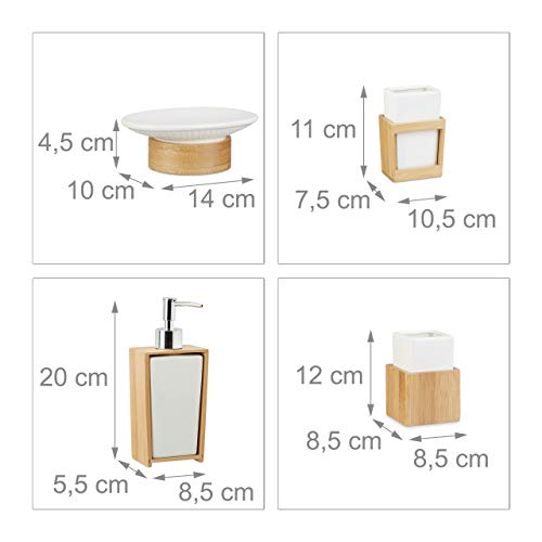 Relaxdays Bath Kit, 4-Piece Bathroom Accessories Set, Bamboo and Ceramics, Soap Dispenser and Tumbler, Natural/White 4 Relaxdays Bath Kit, 4-Piece Bathroom Accessories Set, Bamboo and Ceramics, Soap Dispenser and Tumbler, Natural/White - Image 4