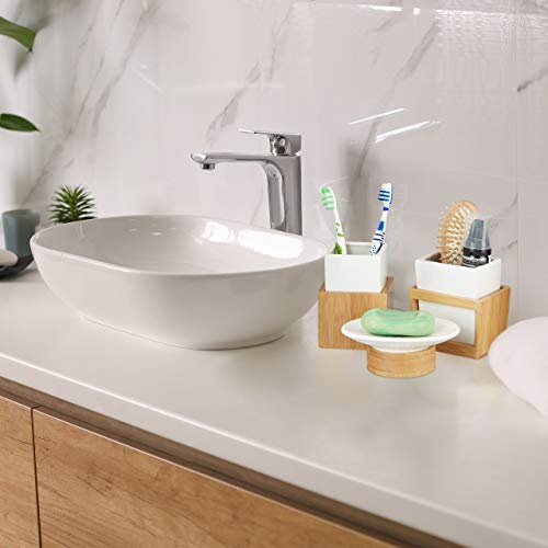 Relaxdays Bath Kit, 4-Piece Bathroom Accessories Set, Bamboo and Ceramics, Soap Dispenser and Tumbler, Natural/White 5 Relaxdays Bath Kit, 4-Piece Bathroom Accessories Set, Bamboo and Ceramics, Soap Dispenser and Tumbler, Natural/White - Image 5