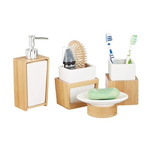Relaxdays Bath Kit, 4-Piece Bathroom Accessories Set, Bamboo and Ceramics, Soap Dispenser and Tumbler, Natural/White 1 Relaxdays Bath Kit, 4-Piece Bathroom Accessories Set, Bamboo and Ceramics, Soap Dispenser and Tumbler, Natural/White
