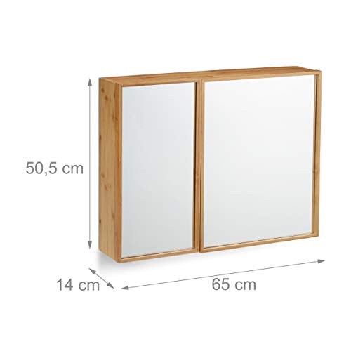 Relaxdays Bathroom Bamboo Mirror Cabinet 2 Doors, Hanging Cupboard, Assembled Wall-Mounted Cabinet H x W x D: 50 x 65 x 14 cm, Natural 4 Relaxdays Bathroom Bamboo Mirror Cabinet 2 Doors, Hanging Cupboard, Assembled Wall-Mounted Cabinet H x W x D: 50 x 65 x 14 cm, Natural - Image 4