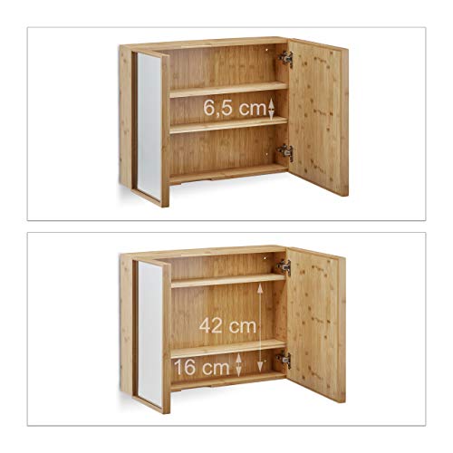 Relaxdays Bathroom Bamboo Mirror Cabinet 2 Doors, Hanging Cupboard, Assembled Wall-Mounted Cabinet H x W x D: 50 x 65 x 14 cm, Natural 5 Relaxdays Bathroom Bamboo Mirror Cabinet 2 Doors, Hanging Cupboard, Assembled Wall-Mounted Cabinet H x W x D: 50 x 65 x 14 cm, Natural - Image 5