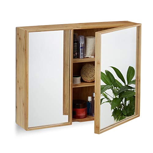 Relaxdays Bathroom Bamboo Mirror Cabinet 2 Doors, Hanging Cupboard, Assembled Wall-Mounted Cabinet H x W x D: 50 x 65 x 14 cm, Natural 1 Relaxdays Bathroom Bamboo Mirror Cabinet 2 Doors, Hanging Cupboard, Assembled Wall-Mounted Cabinet H x W x D: 50 x 65 x 14 cm, Natural