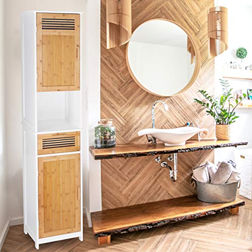Relaxdays Bathroom Cabinet, 2 Doors, 1 Drawer, Tallboy, HxWxD: app. 180 x 39 x 30 cm, Wood and Bamboo, White-Brown 3 Relaxdays Bathroom Cabinet, 2 Doors, 1 Drawer, Tallboy, HxWxD: app. 180 x 39 x 30 cm, Wood and Bamboo, White-Brown - Image 3
