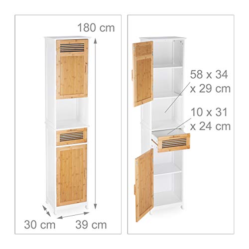 Relaxdays Bathroom Cabinet, 2 Doors, 1 Drawer, Tallboy, HxWxD: app. 180 x 39 x 30 cm, Wood and Bamboo, White-Brown 5 Relaxdays Bathroom Cabinet, 2 Doors, 1 Drawer, Tallboy, HxWxD: app. 180 x 39 x 30 cm, Wood and Bamboo, White-Brown - Image 5
