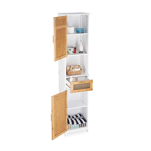 Relaxdays Bathroom Cabinet, 2 Doors, 1 Drawer, Tallboy, HxWxD: app. 180 x 39 x 30 cm, Wood and Bamboo, White-Brown 2 Relaxdays Bathroom Cabinet, 2 Doors, 1 Drawer, Tallboy, HxWxD: app. 180 x 39 x 30 cm, Wood and Bamboo, White-Brown - Image 2
