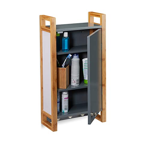 Relaxdays Bathroom Hanging Cabinet, Wall Cabinet with Bamboo Frame & 3 Hooks, Bath Cupboard, HWD 58 x 31.5 x 15 cm, Dark Grey 2 Relaxdays Bathroom Hanging Cabinet, Wall Cabinet with Bamboo Frame & 3 Hooks, Bath Cupboard, HWD 58 x 31.5 x 15 cm, Dark Grey - Image 2