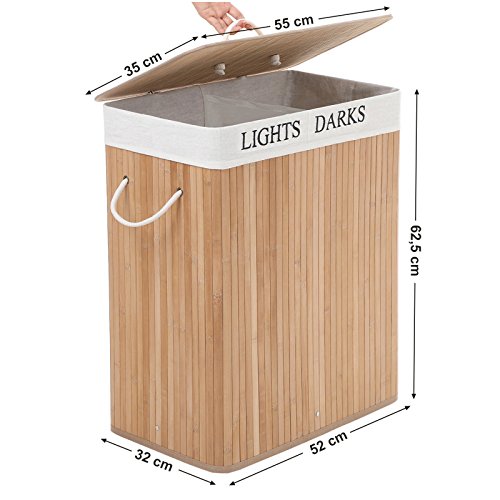 SONGMICS Laundry Basket, 100L, Laundry Hamper with Lid, Bamboo, Foldable, Laundry Bin with 2 Compartments for Light and Dark Clothes, Machine Washable Liner Bag, Natural LCB64Y 5 SONGMICS Laundry Basket, 100L, Laundry Hamper with Lid, Bamboo, Foldable, Laundry Bin with 2 Compartments for Light and Dark Clothes, Machine Washable Liner Bag, Natural LCB64Y - Image 5
