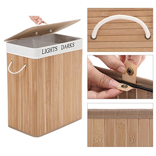 SONGMICS Laundry Basket, 100L, Laundry Hamper with Lid, Bamboo, Foldable, Laundry Bin with 2 Compartments for Light and Dark Clothes, Machine Washable Liner Bag, Natural LCB64Y 6 SONGMICS Laundry Basket, 100L, Laundry Hamper with Lid, Bamboo, Foldable, Laundry Bin with 2 Compartments for Light and Dark Clothes, Machine Washable Liner Bag, Natural LCB64Y - Image 6