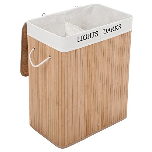 SONGMICS Laundry Basket, 100L, Laundry Hamper with Lid, Bamboo, Foldable, Laundry Bin with 2 Compartments for Light and Dark Clothes, Machine Washable Liner Bag, Natural LCB64Y 2 SONGMICS Laundry Basket, 100L, Laundry Hamper with Lid, Bamboo, Foldable, Laundry Bin with 2 Compartments for Light and Dark Clothes, Machine Washable Liner Bag, Natural LCB64Y - Image 2