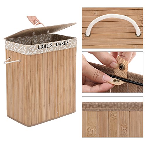 SONGMICS LCB62Y Large Bamboo Laundry Basket, 100 L, Laundry Hamper with 2 Compartments, Foldable, with Lid and Removable… 4 SONGMICS LCB62Y Large Bamboo Laundry Basket, 100 L, Laundry Hamper with 2 Compartments, Foldable, with Lid and Removable… - Image 4